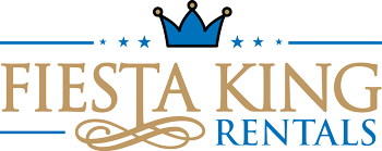 Fiesta King Rentals logo featuring a blue crown and gold serif typography.